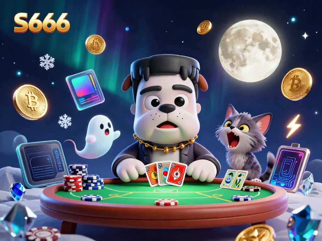 Join the thrilling cards game with S666 at a haunted casino table featuring a bulldog dealer.