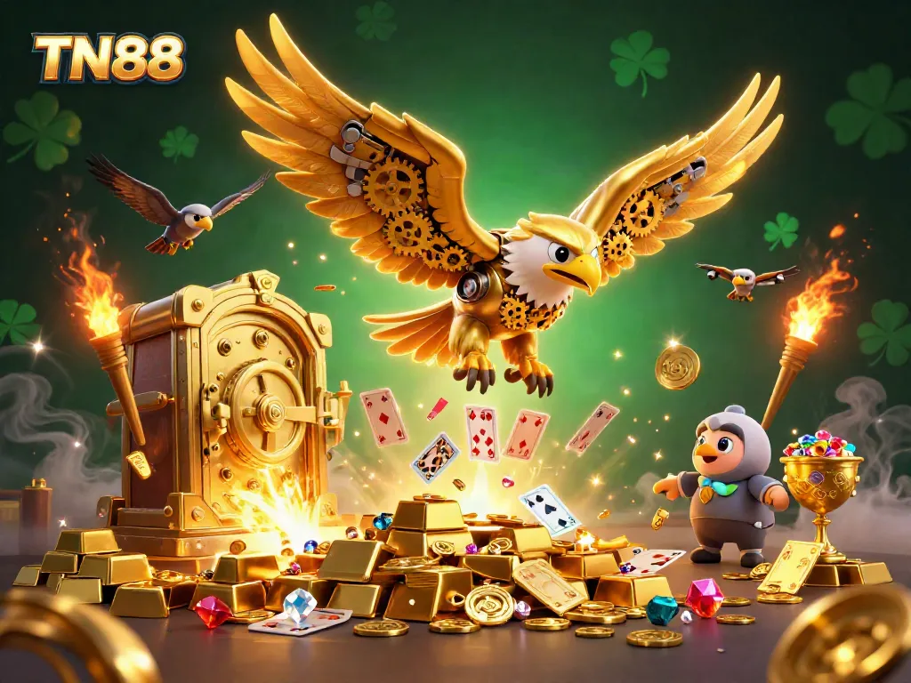 Experience the thrill of TN88 as the golden eagle dives through a cascade of holographic cards in a vibrant casino scene.