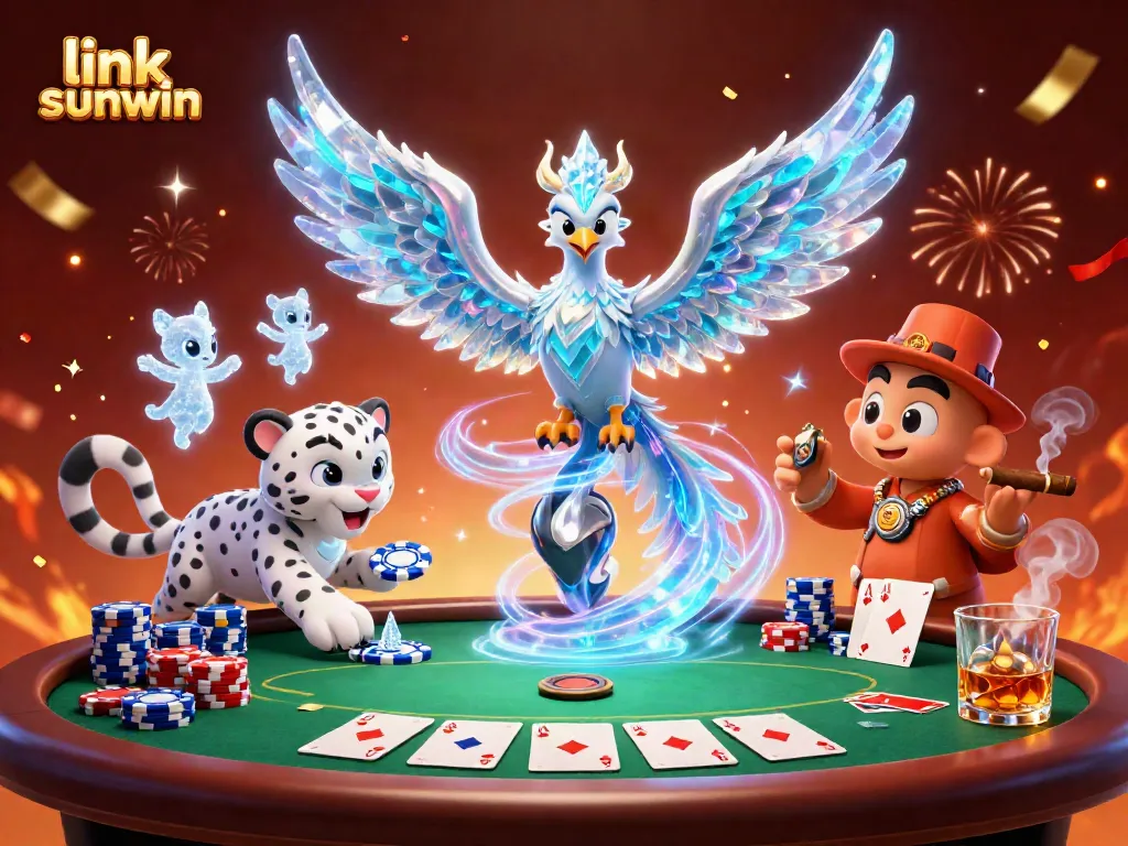 Engage in thrilling gameplay with link sunwin at this dynamic casino scene featuring a phoenix, poker elements, and festive confetti.