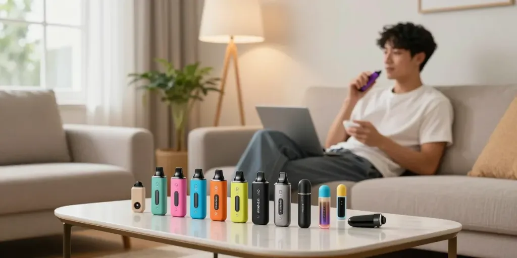 Enjoying a Flerbar vape kaufen in a cozy living room setting with products displayed.