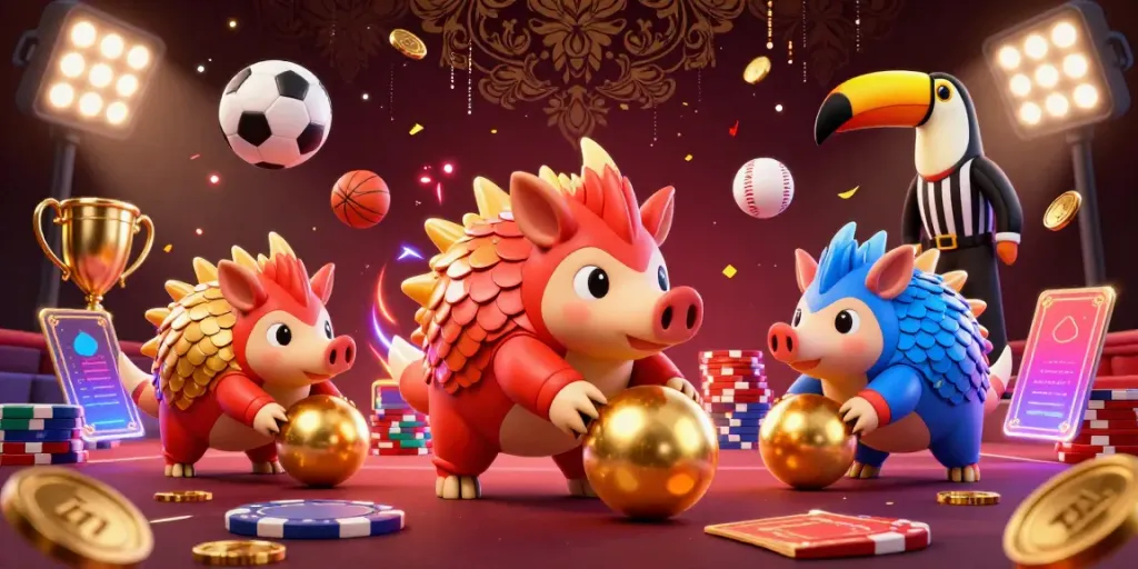 Compete in thrilling games with 789Club's immersive online casino atmosphere featuring rival pangolins and poker elements.