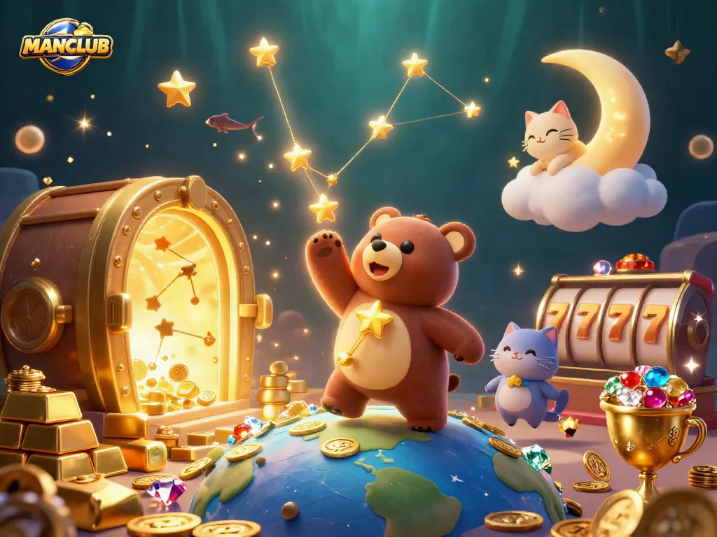 Engage with MANCLUB's thrilling casino games as a constellation bear collects coins amidst slot machines and treasures.
