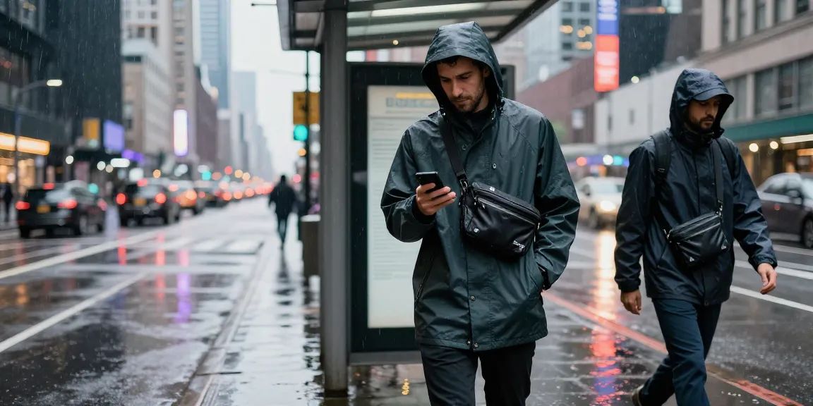 Stylischer Mann mit wasserdichter Umhängetasche Herren in urbaner Umgebung während des Regens.
