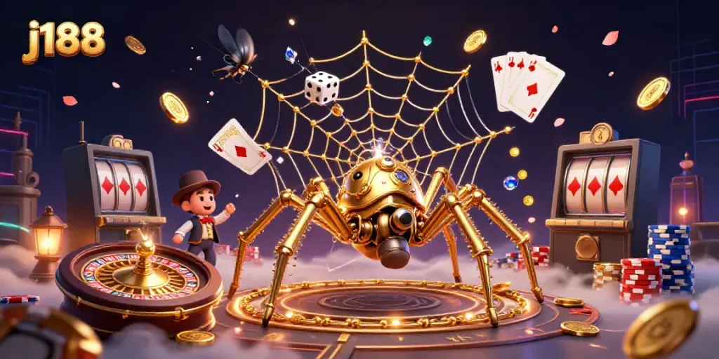 The j188 casino scene features a steampunk spider and fly gentleman amidst golden coins and vibrant gaming elements.