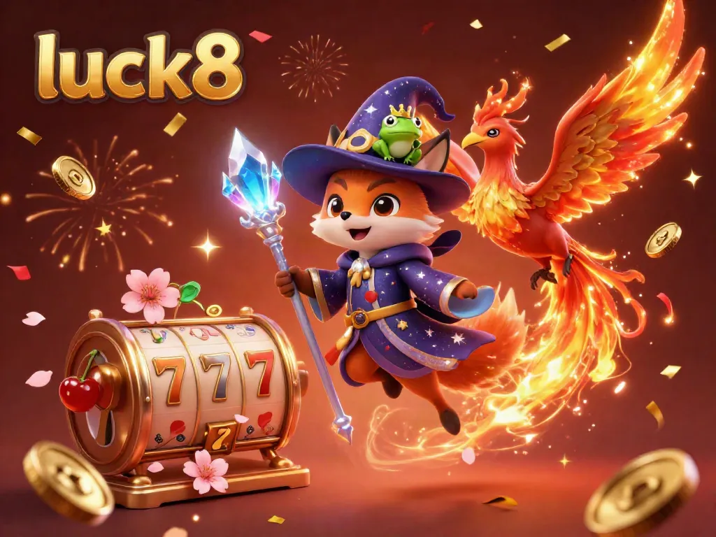 Experience luck8 with a vibrant 3D casino scene featuring a wizard fox, phoenix, and magical slot elements.