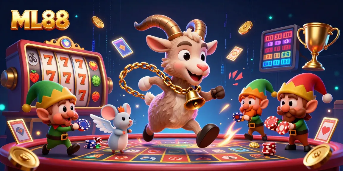 Bet on big wins at ML88 in a lively cartoon casino with Krampus and playful characters.