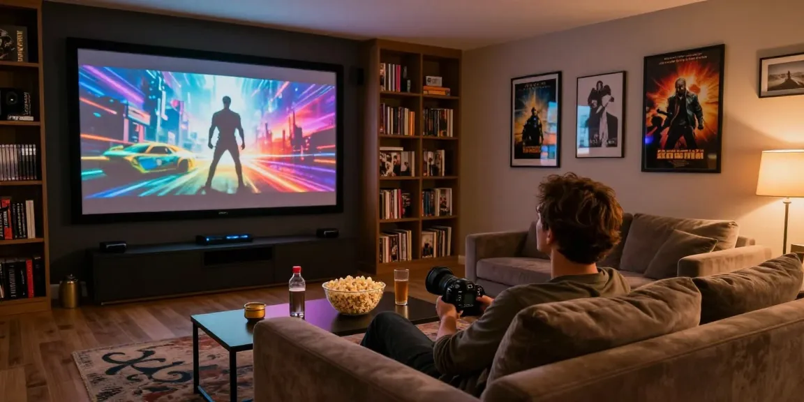 Enjoying a film at home with AV66TH, featuring a cozy theatre setup and immersive atmosphere.