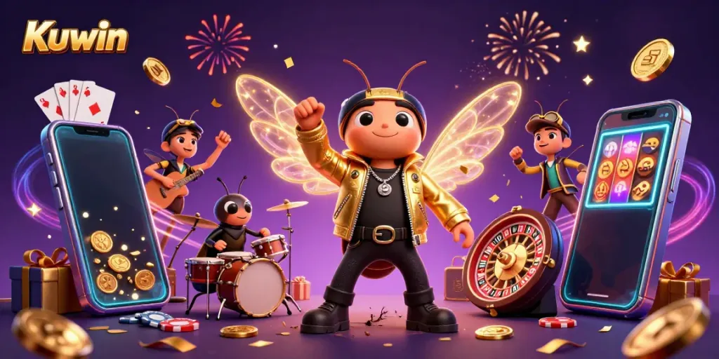 Kuwin's rock star cicada leads an energetic online casino celebration with games and confetti.