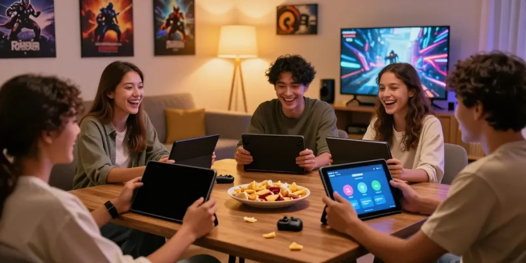 Friends enjoying gaming on ROKOK88 with devices in a cozy setting.