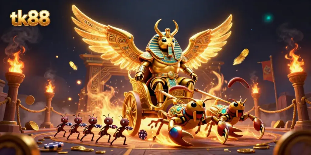 Engage in thrilling casino adventures with tk88 featuring a vibrant chariot scene.