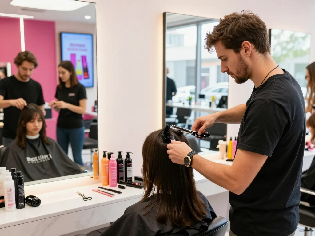 Billede af en frisørsalon med en dygtig frisør, der styler en klients hår med moderne værktøjer.