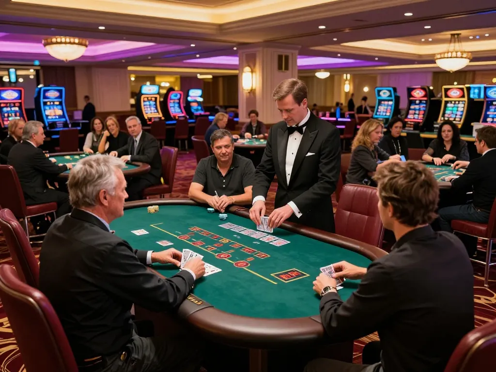 Engaged players at a blackjack table in a Go8 casino setting, showcasing vibrant gameplay and strategic decision-making.