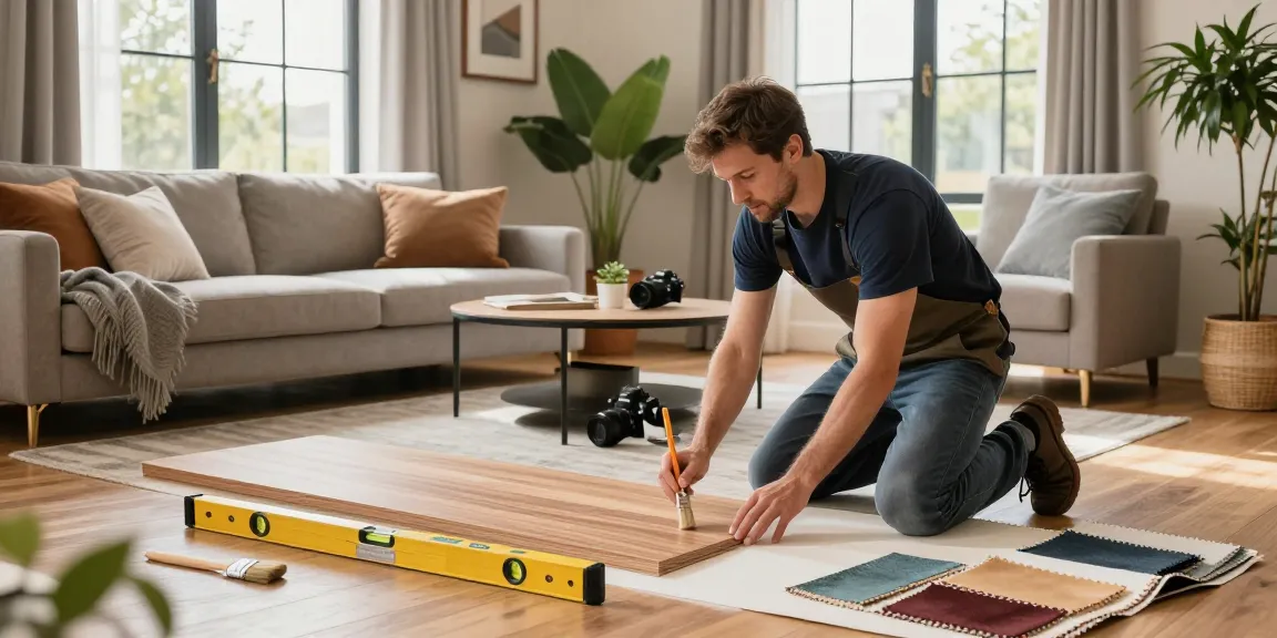Augusta Innenausbau GmbH Handwerker perfektioniert eine stilvolle Wohnzimmerrenovierung.