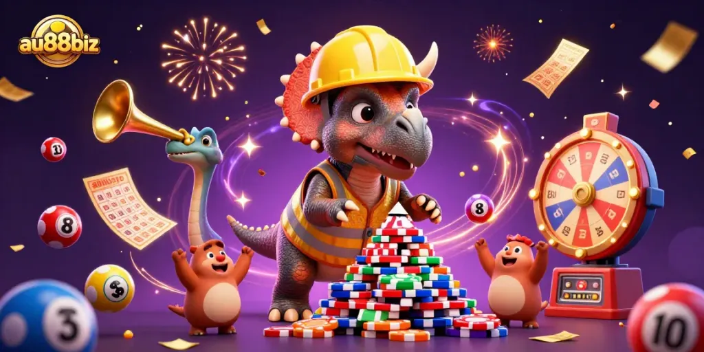 Celebrate with au88biz as a triceratops builds a poker chip pyramid in a vibrant casino-themed scene.