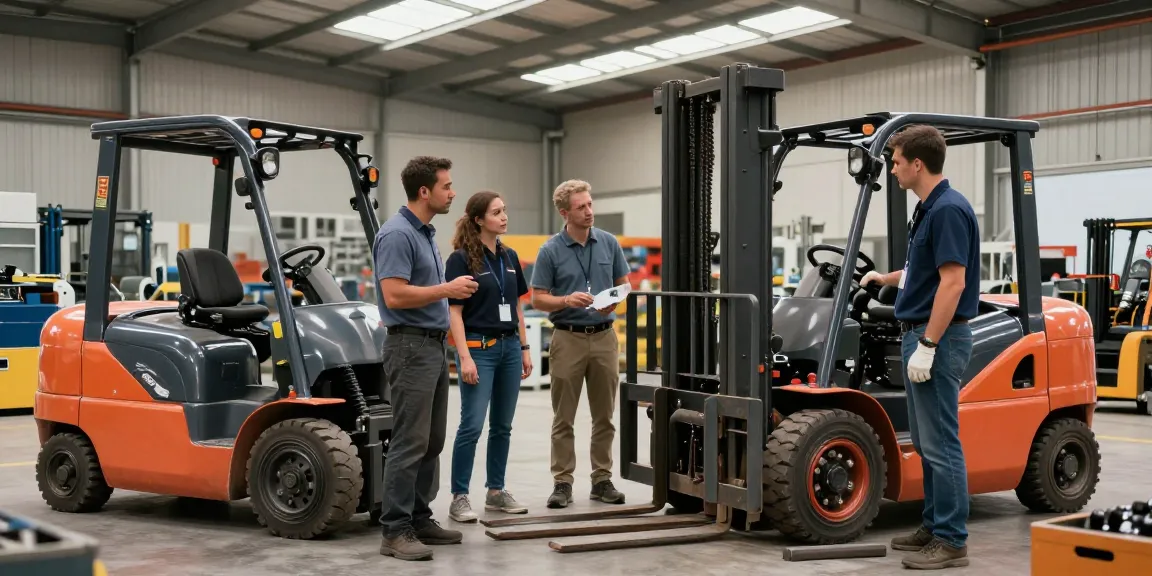 Überprüfung von gebrauchten Gabelstaplern in einem hellen Industrie-Setting.