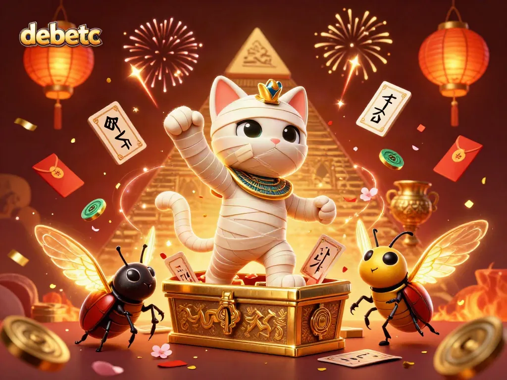 Play exciting games at debetc with the Egyptian mummy cat and vibrant casino elements.