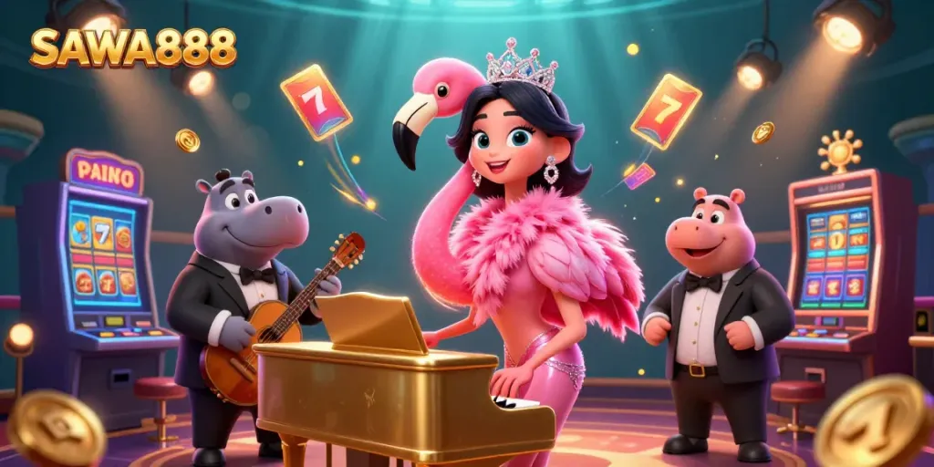 Engaging scene of SAWA888 with a flamboyant flamingo singer, a jazzy hippo bassist, and vibrant slot elements.