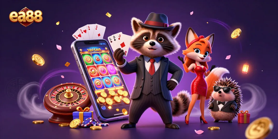 Experience thrilling gameplay with ea88 in this vibrant 3D casino scene featuring charismatic characters.