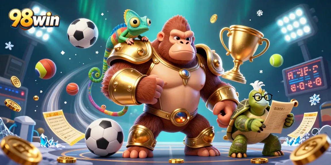 Experience the thrill of 98win with dynamic sports elements, featuring vibrant characters and gaming symbols.