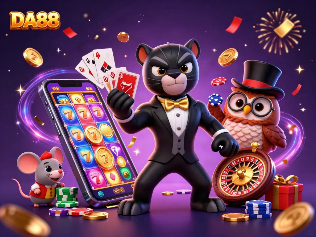 Engage with the DA88 casino experience featuring a panther dealer, owl with poker chips, and lucky mouse amidst vibrant gaming elements.