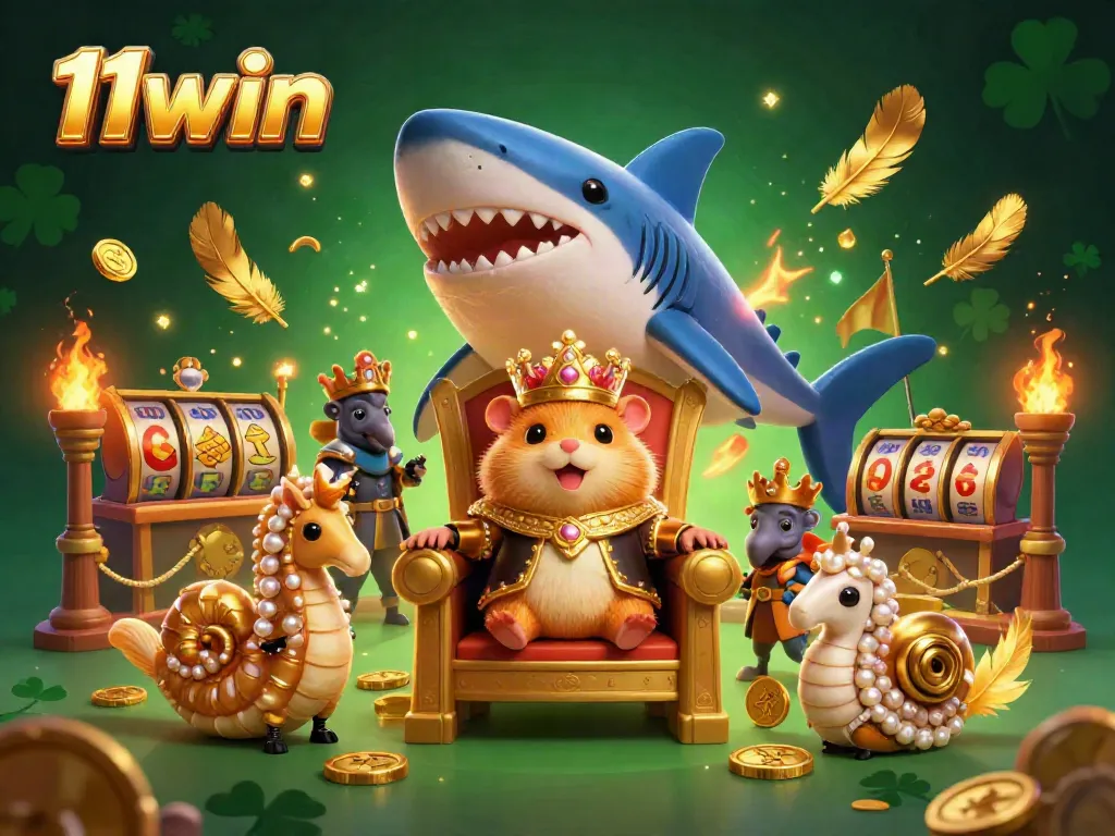 Experience the vibrant gaming energy of 11win with a heroic hamster king and aquatic guards in a casino setting.