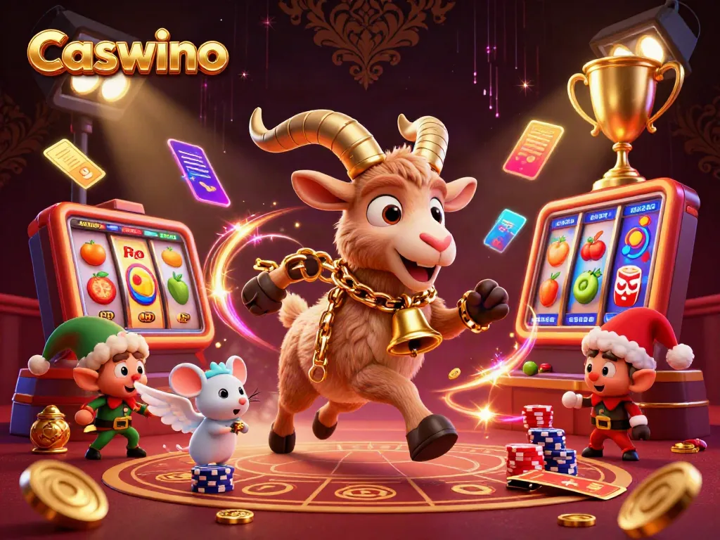 Experience the festive chaos at Caswino Casino with Krampus, an angel mouse, and cheeky gremlins amidst vibrant slot elements.