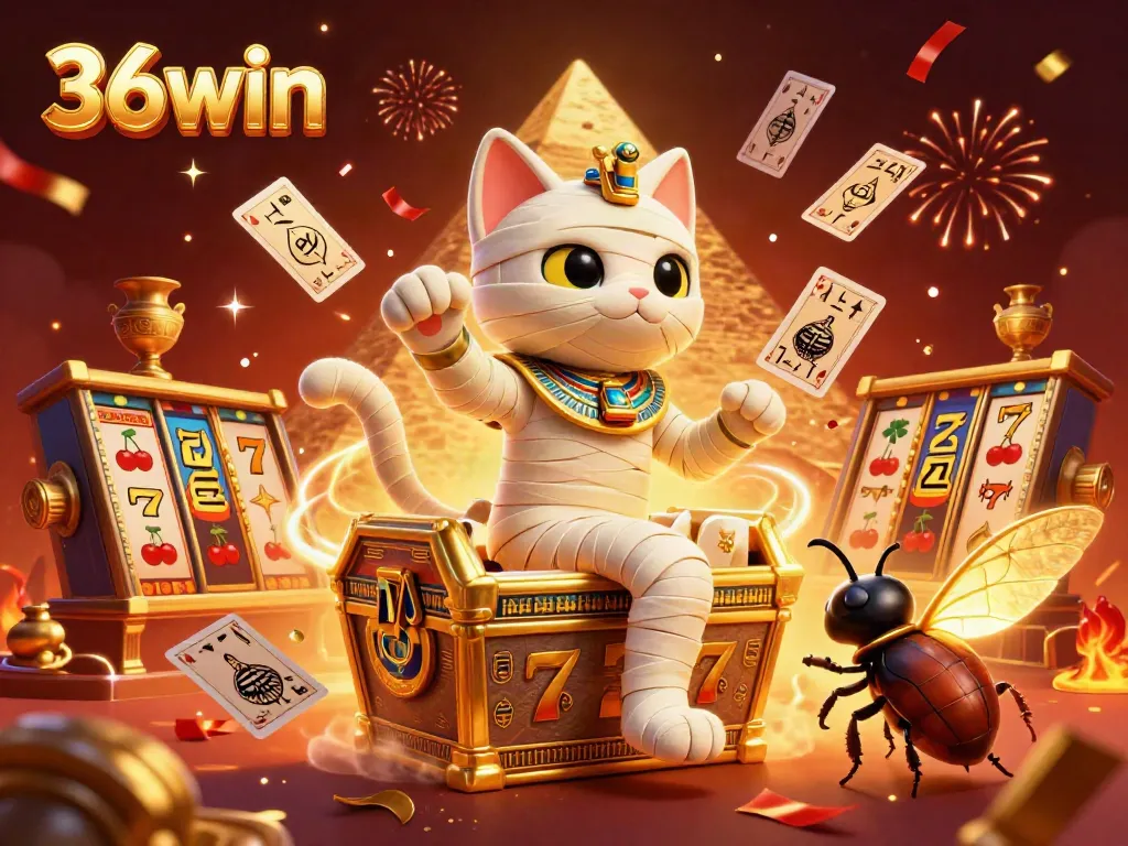 Experience thrilling 36win action with a 3D cartoon mummy cat and scarab beetle in a casino.