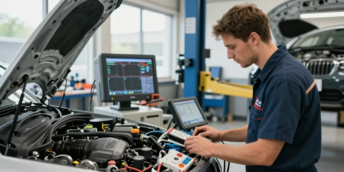 Experte, der in einer modernen Werkstatt Motordiagnosen für BMW Service Hannover durchführt.