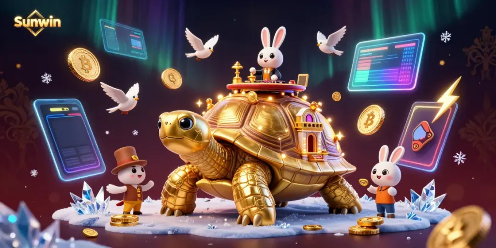 Engage with Sunwin's vibrant gaming experience featuring a golden tortoise casino, dealer, and flying coins.