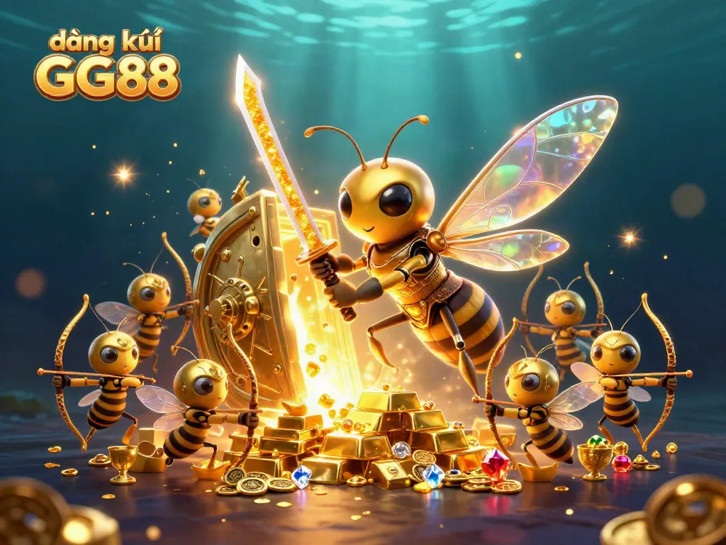 Experience the excitement of đăng ký GG88 with a vibrant 3D scene of a golden hornet in samurai armor and bee archers, surrounded by treasure.