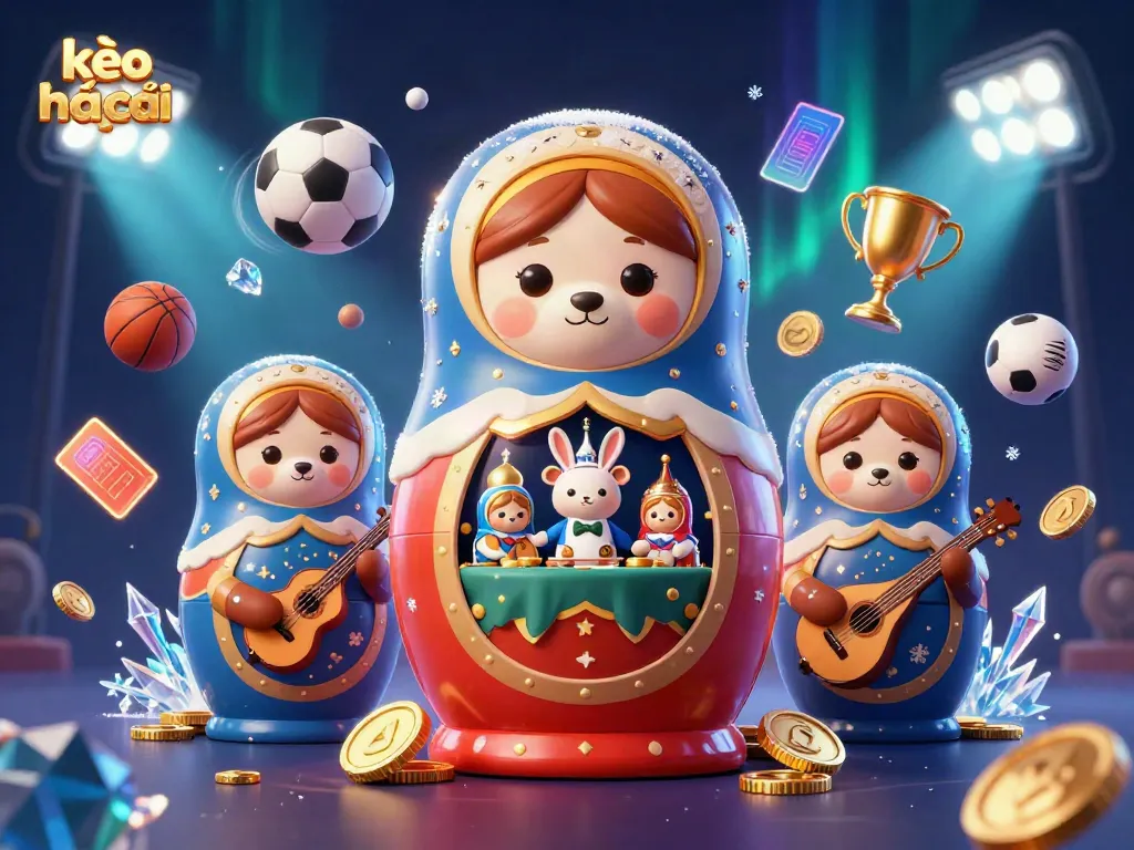 Engaging 3D scene showcasing kèo nhà cái with cartoon characters, sports balls, and dynamic casino elements.