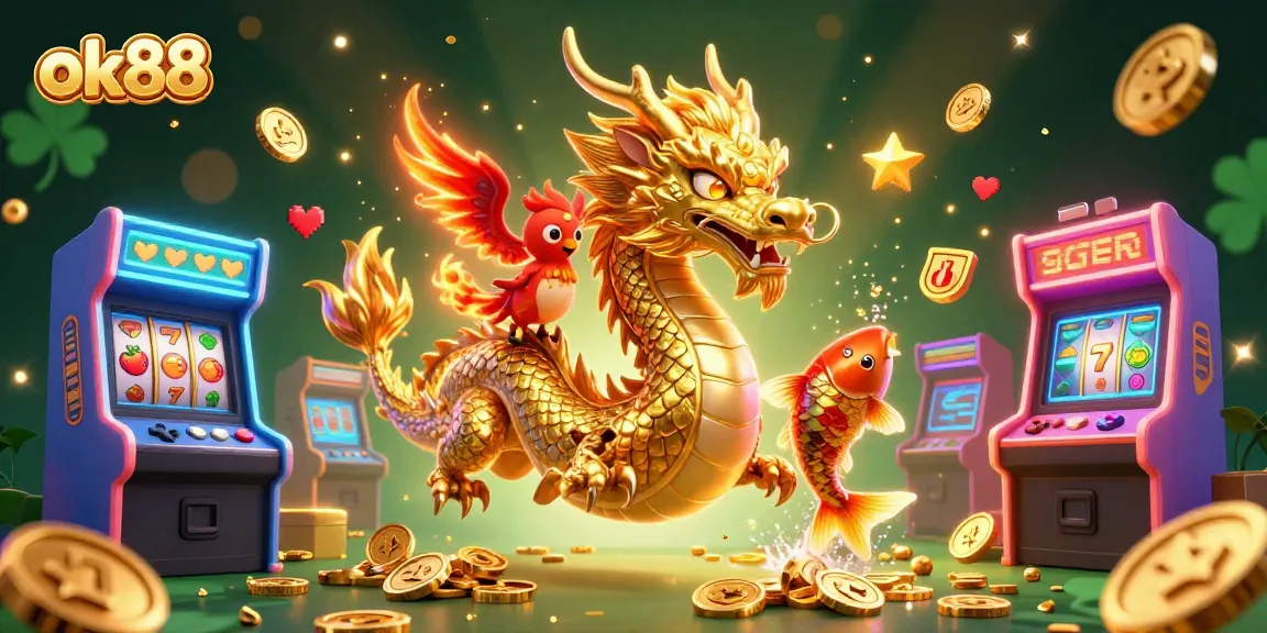 Win big with ok88 in this vibrant 3D casino illustration showcasing dynamic game elements.