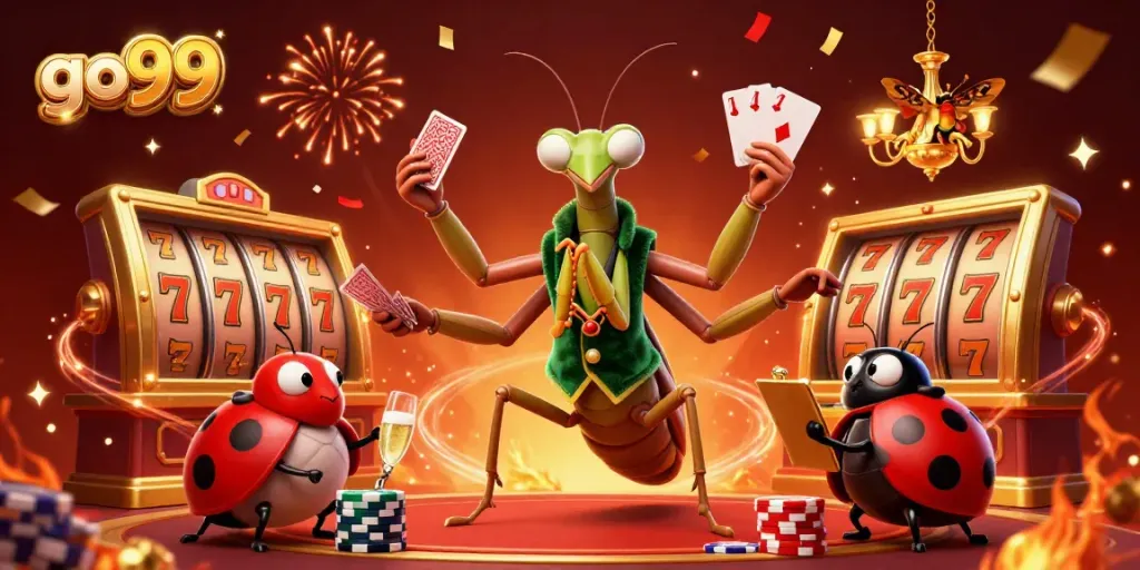Experience the vibrant gaming energy of go99 with a dynamic casino-themed illustration featuring colorful elements.