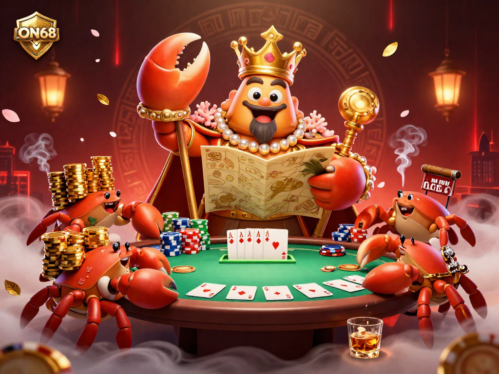 Experience the excitement at ON68 with a golden crab emperor and poker chips in a vibrant casino scene.