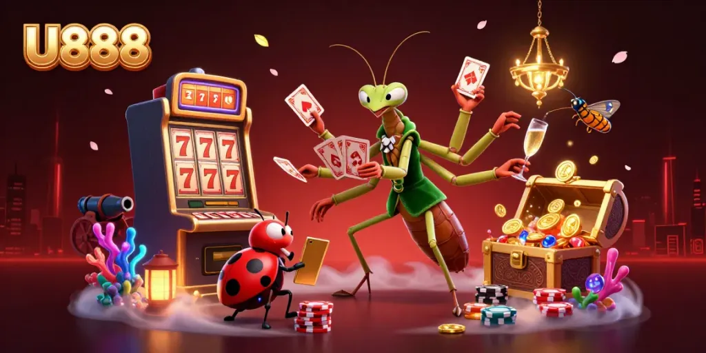 Join the excitement of U888 with a dynamic casino scene featuring a mantis dealer, slot machines, and treasure chests.