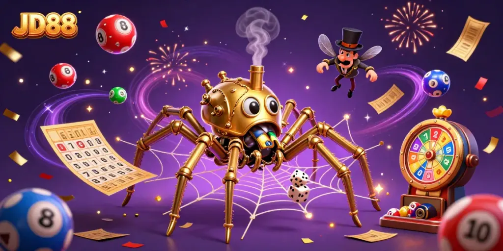 Engage with JD88's thrilling casino world, featuring a golden spider weaving luck with dice and lottery elements.
