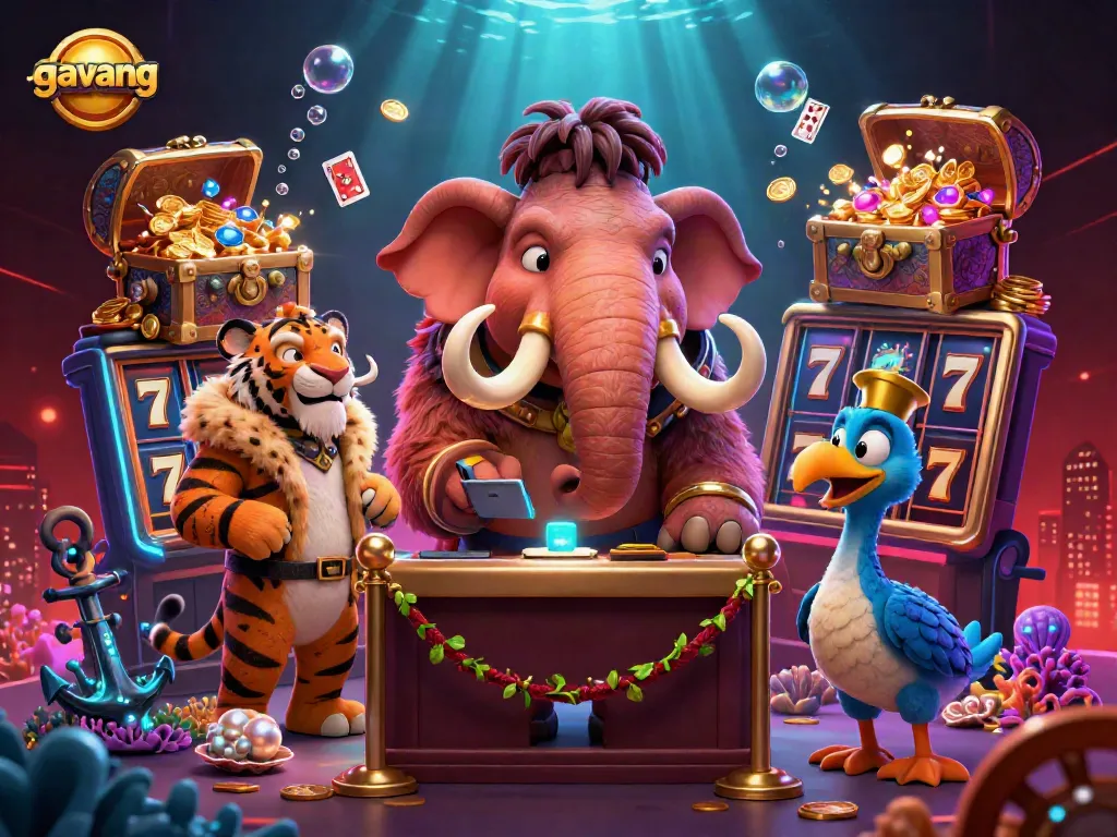 The Gavang casino illustration features a woolly mammoth bouncer, saber-tooth VIP guest, and dodo doorman amidst vibrant slot reels.