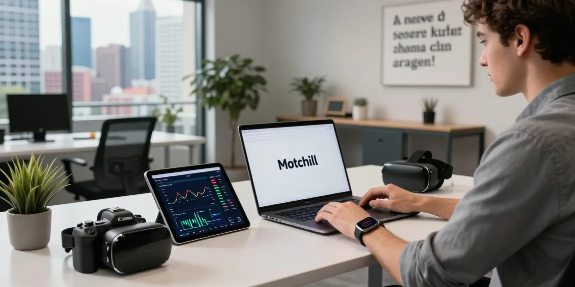 Motchill tech enthusiast interacting with digital tools in a vibrant workspace.