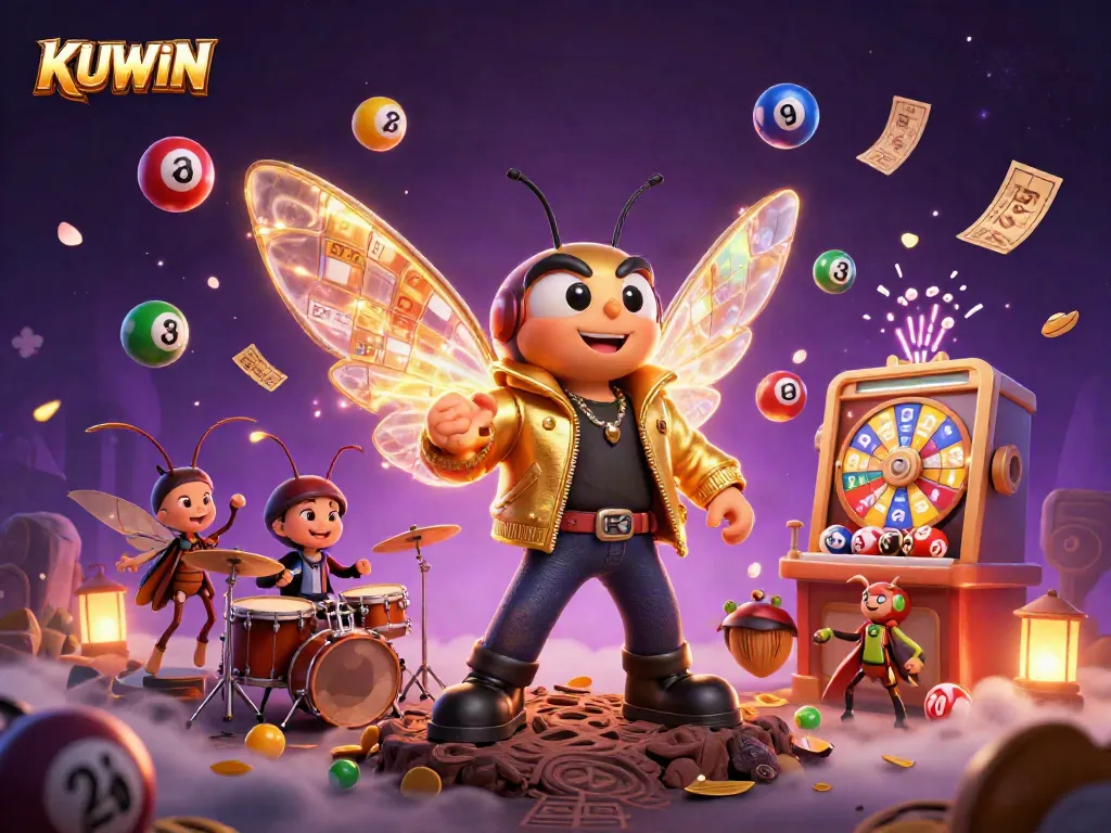 Experience the excitement of KUWIN with vibrant 3D casino elements and a rock star theme.