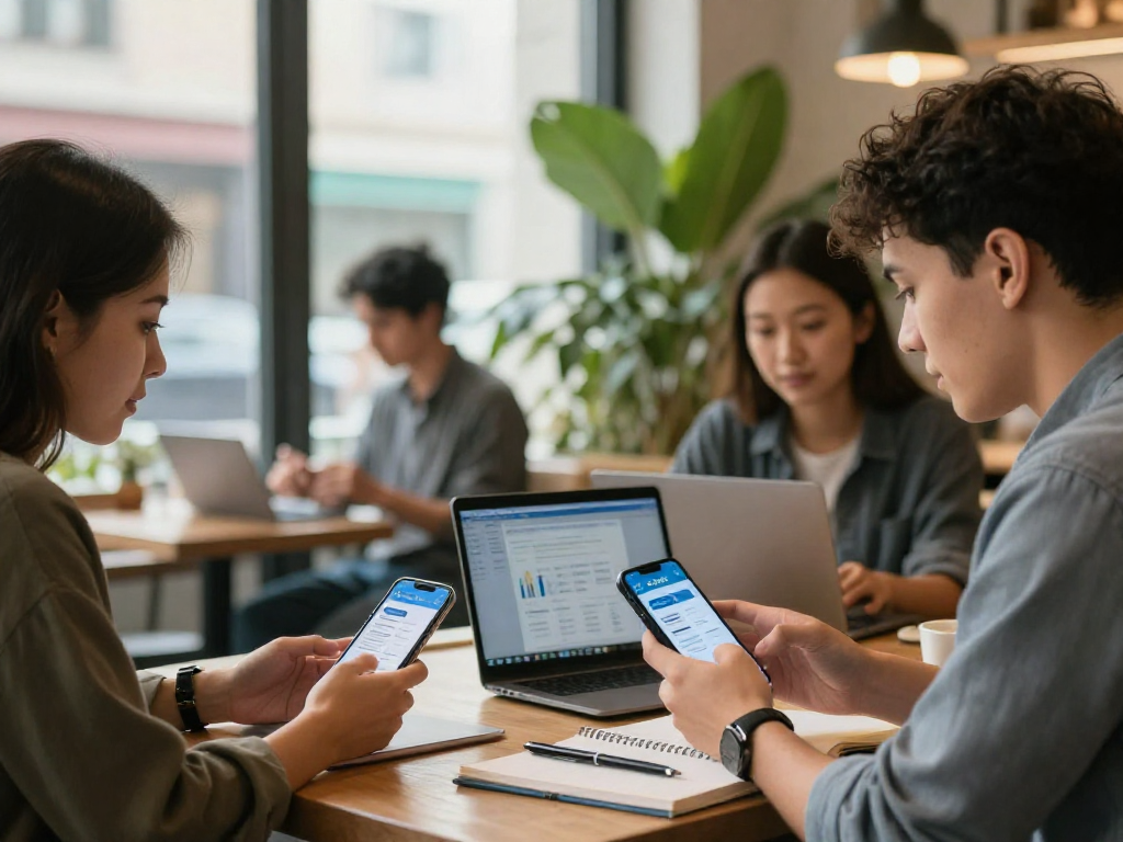Young professionals engaging with the debet app in a modern café setting.