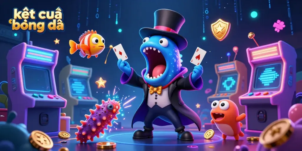 Engaging scene showcasing kết quả bóng đá with cartoon characters performing magic tricks in a vibrant casino theme.