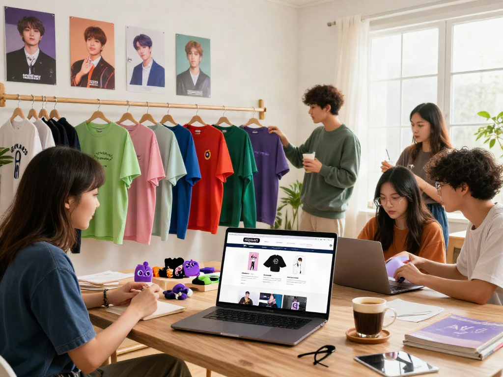 Fans exploring rokok88 BTS merchandise collection in stylish home setting