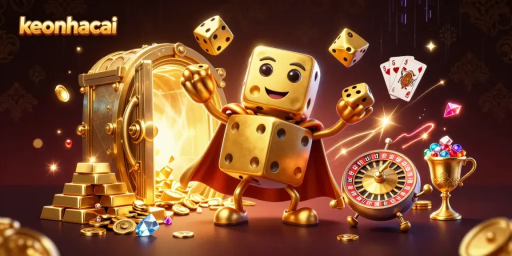 Bet on action and excitement at keonhacai featuring golden dice golems juggling wealth.