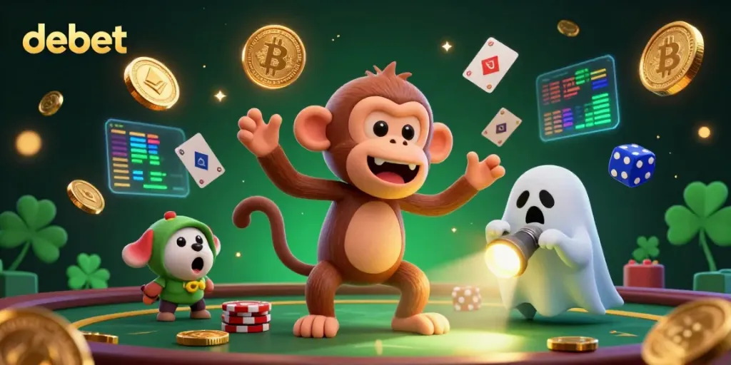 Experience gaming excitement with debet as a mischievous monkey juggles prizes in a haunted casino.