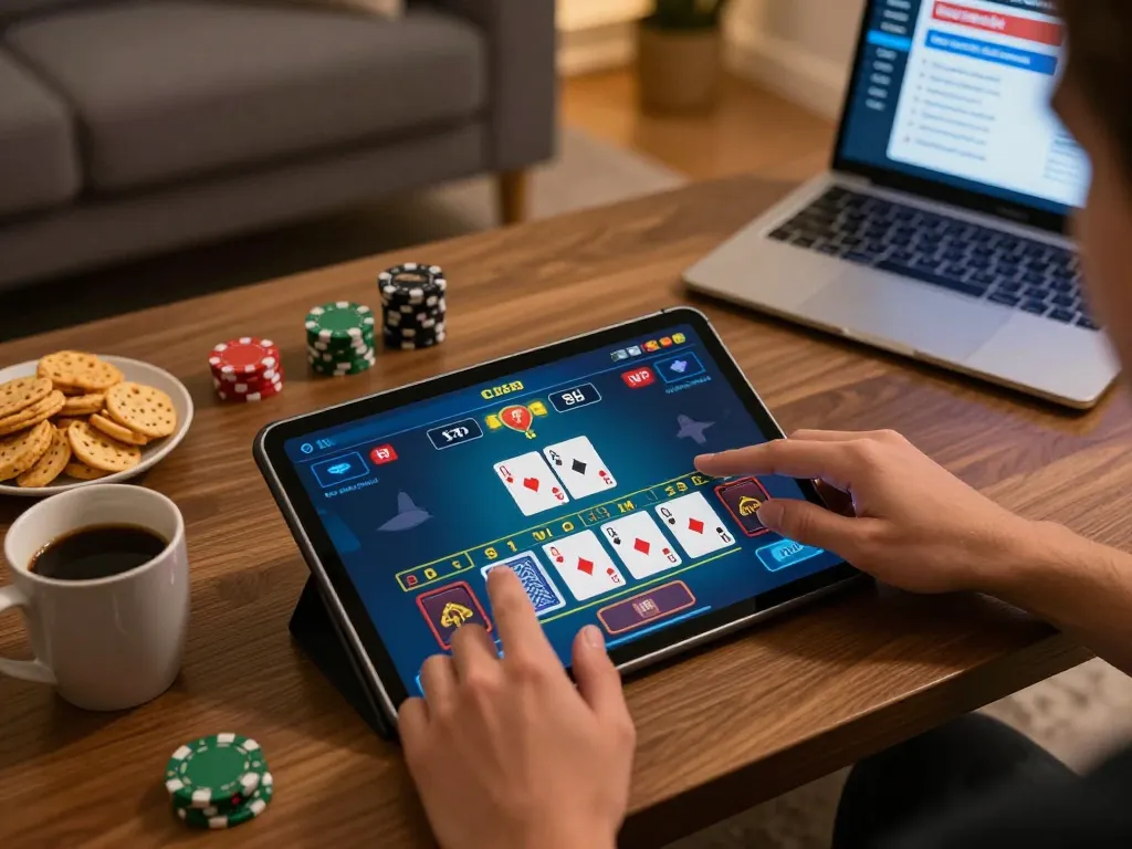 Engaging in TR88 live dealer blackjack gameplay at home with a tablet and strategy notes.