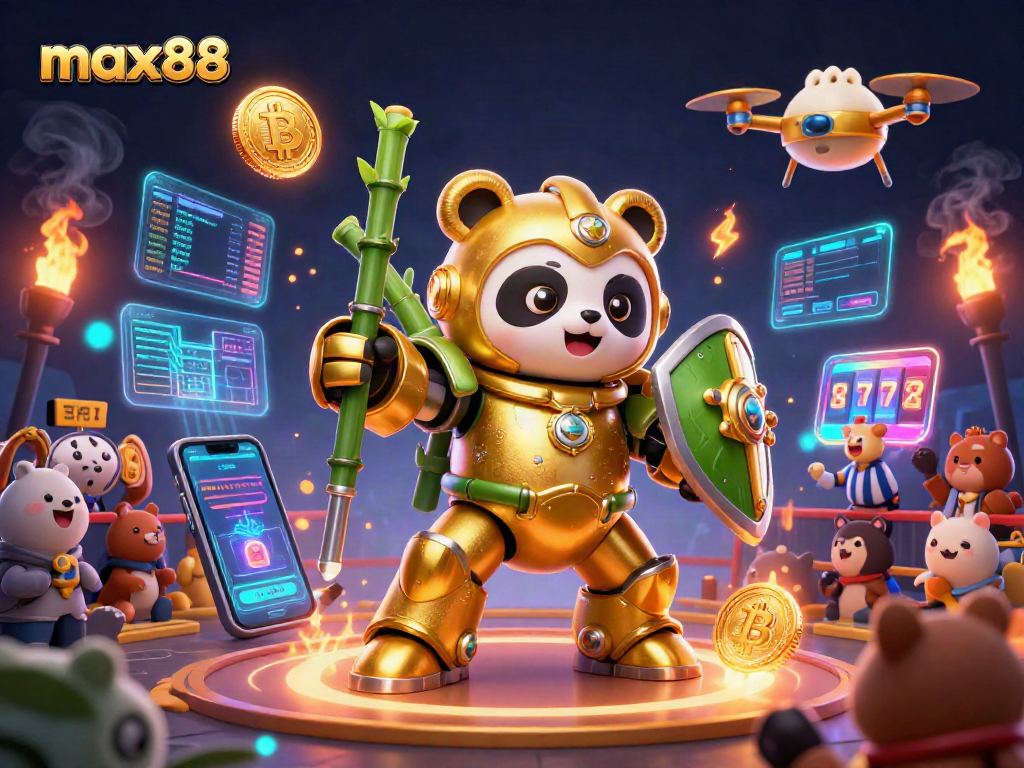 Experience max88 thrills with a golden panda in mech suit amidst lively gambling elements