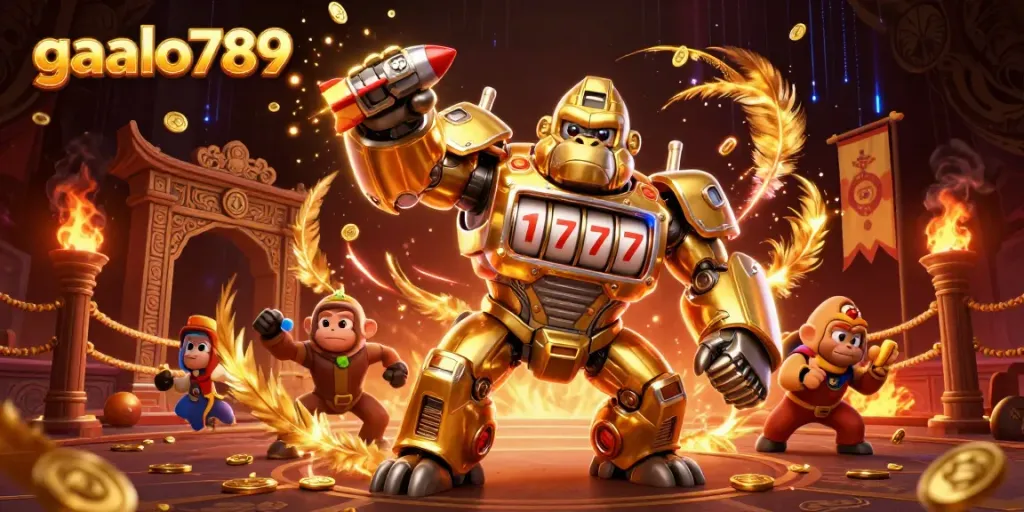 Engage with the exciting gaalo789 online gaming experience featuring a golden gorilla mech in a dynamic casino scene.
