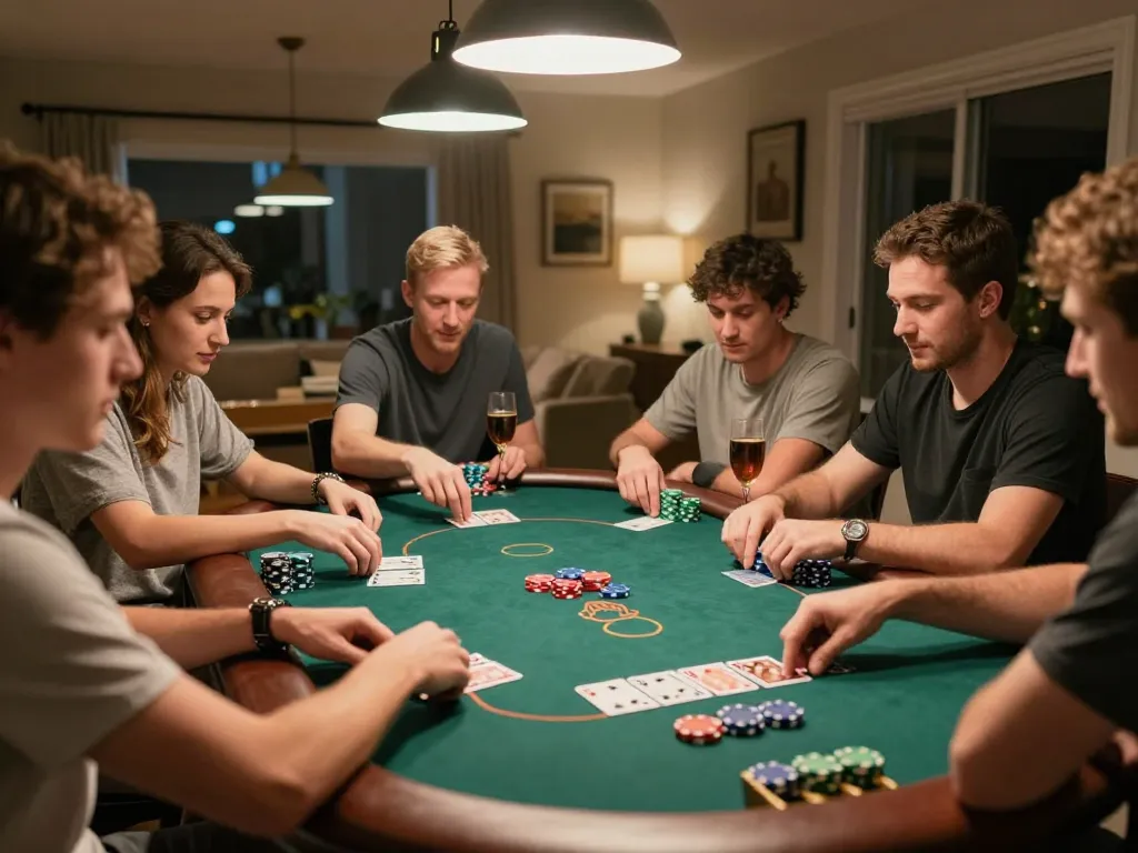 Friends enjoying a lively poker night at home while accessing dn88 com for online gaming strategies.