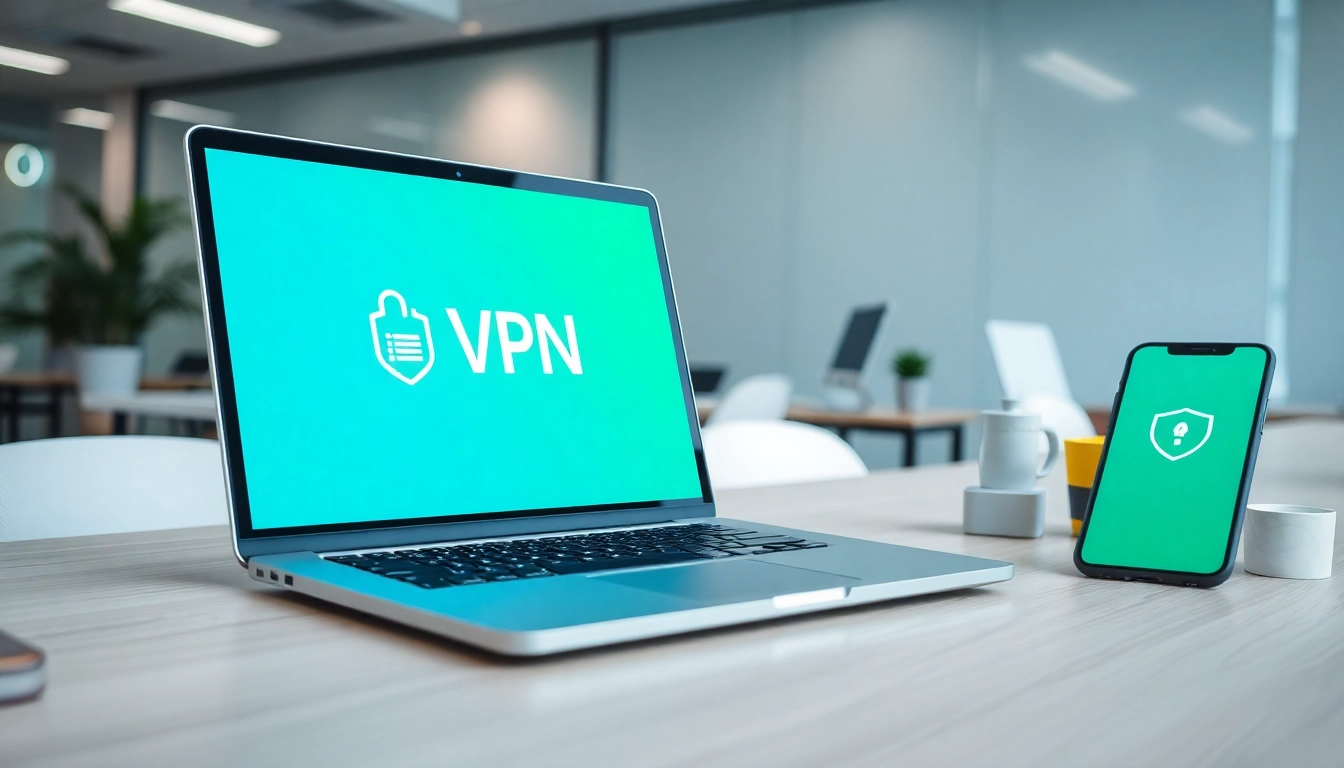 在现代办公环境中，笔记本电脑上的快连VPN界面，展示前沿技术。