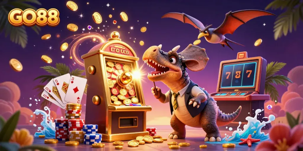 GO88 casino scene featuring a pachycephalosaurus triggering a jackpot, vibrant coins cascading around.